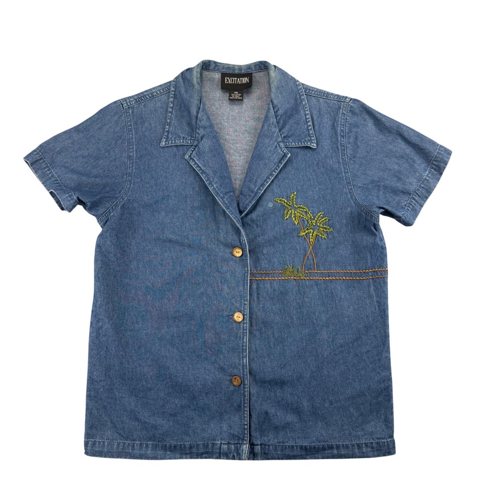 Vintage Excitation Denim Palm Tree Embroidered Shirt PM Blue Cotton Button Up
